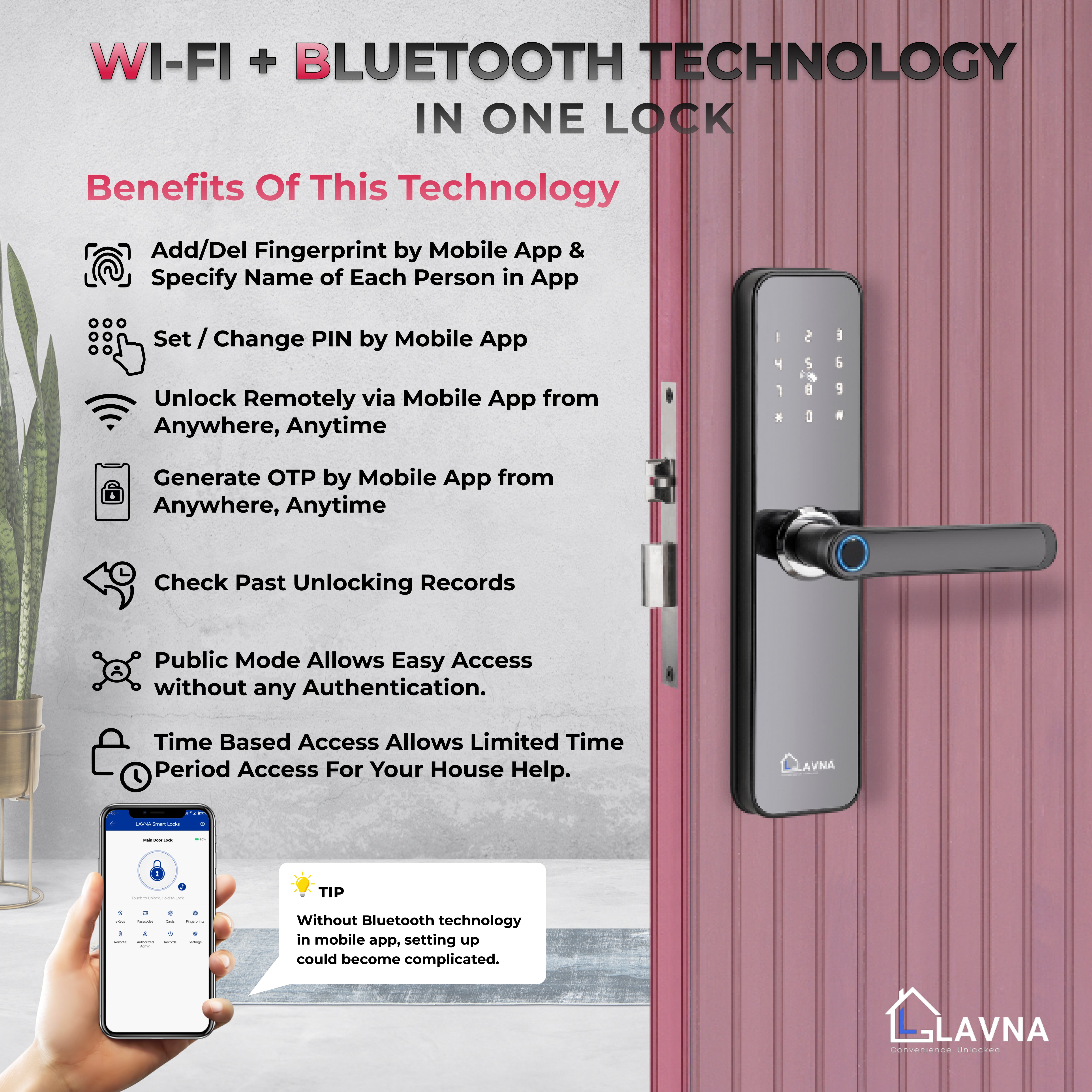 LAVNA LA28 Smart Door Lock with Wi-fi Mobile App, Fingerprint, OTP, PIN, RFID Card & Manual Key 7 way Access for Wooden Doors