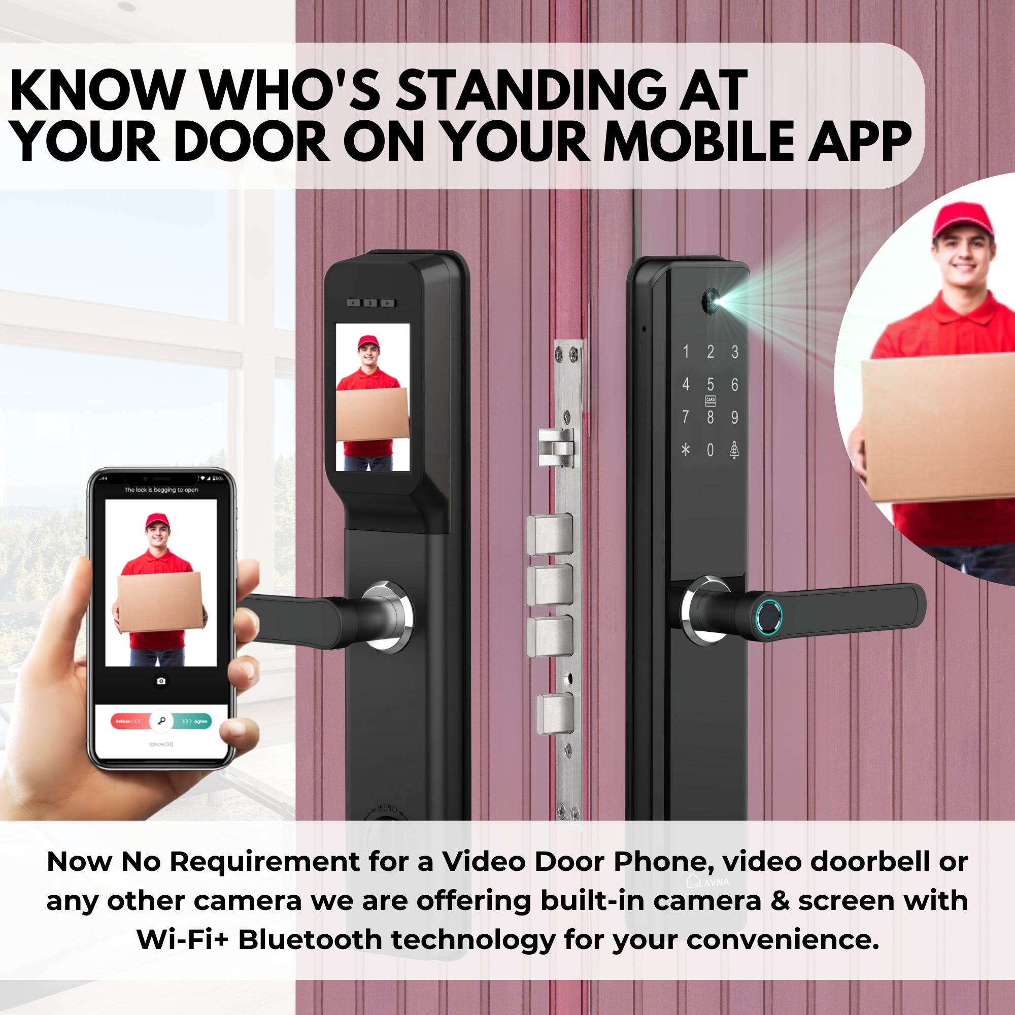 LAVNA Smart Digital Camera Door Lock with Fingerprint, WiFi, Mobile App, OTP, PIN, RFID Card and Manual Key Access for Wooden Doors (LA24 with Camera)