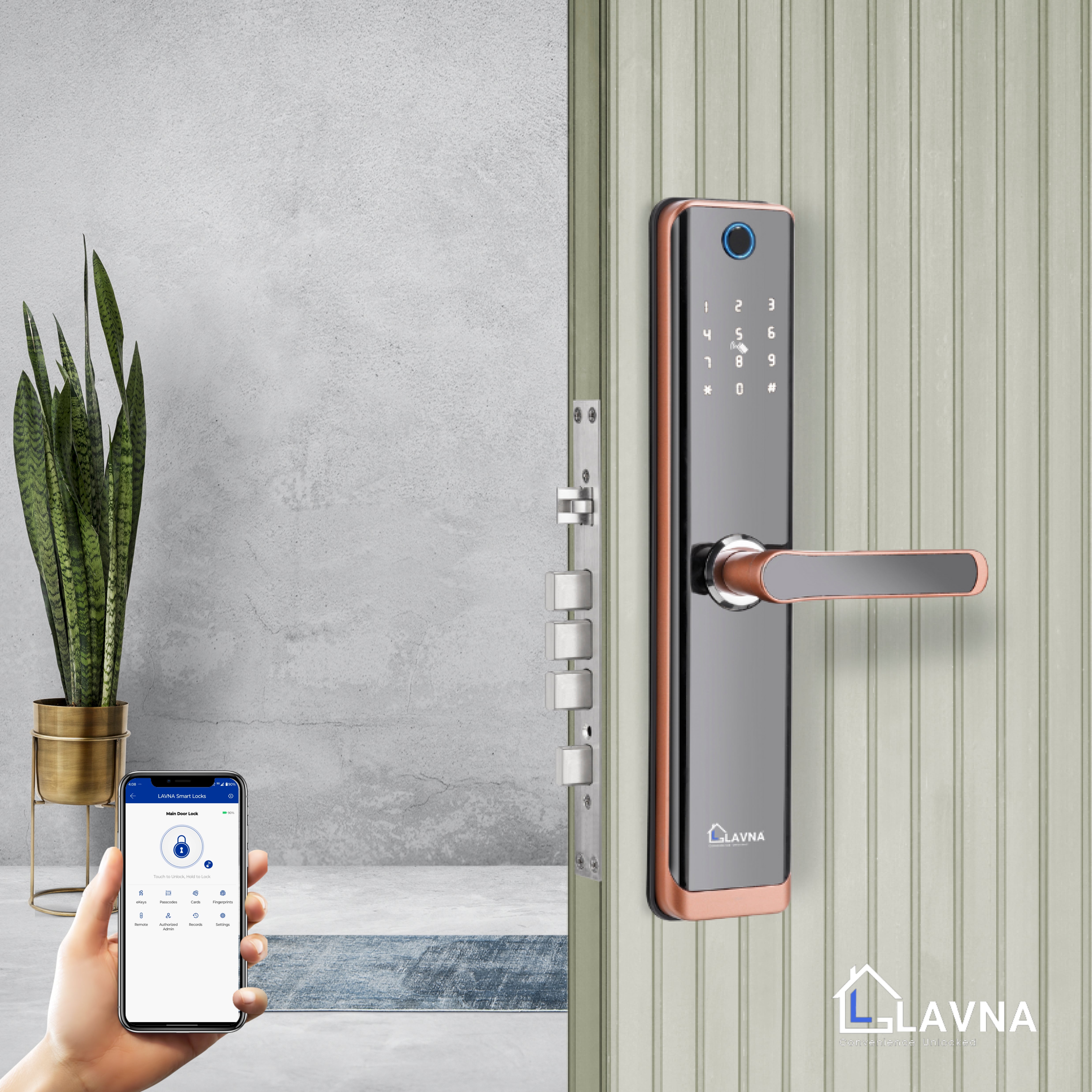 LAVNA LA24 Smart Door Lock with Bluetooth Mobile App, Fingerprint, OTP, PIN, RFID Card & Manual Key 6 way Access for Wooden Doors