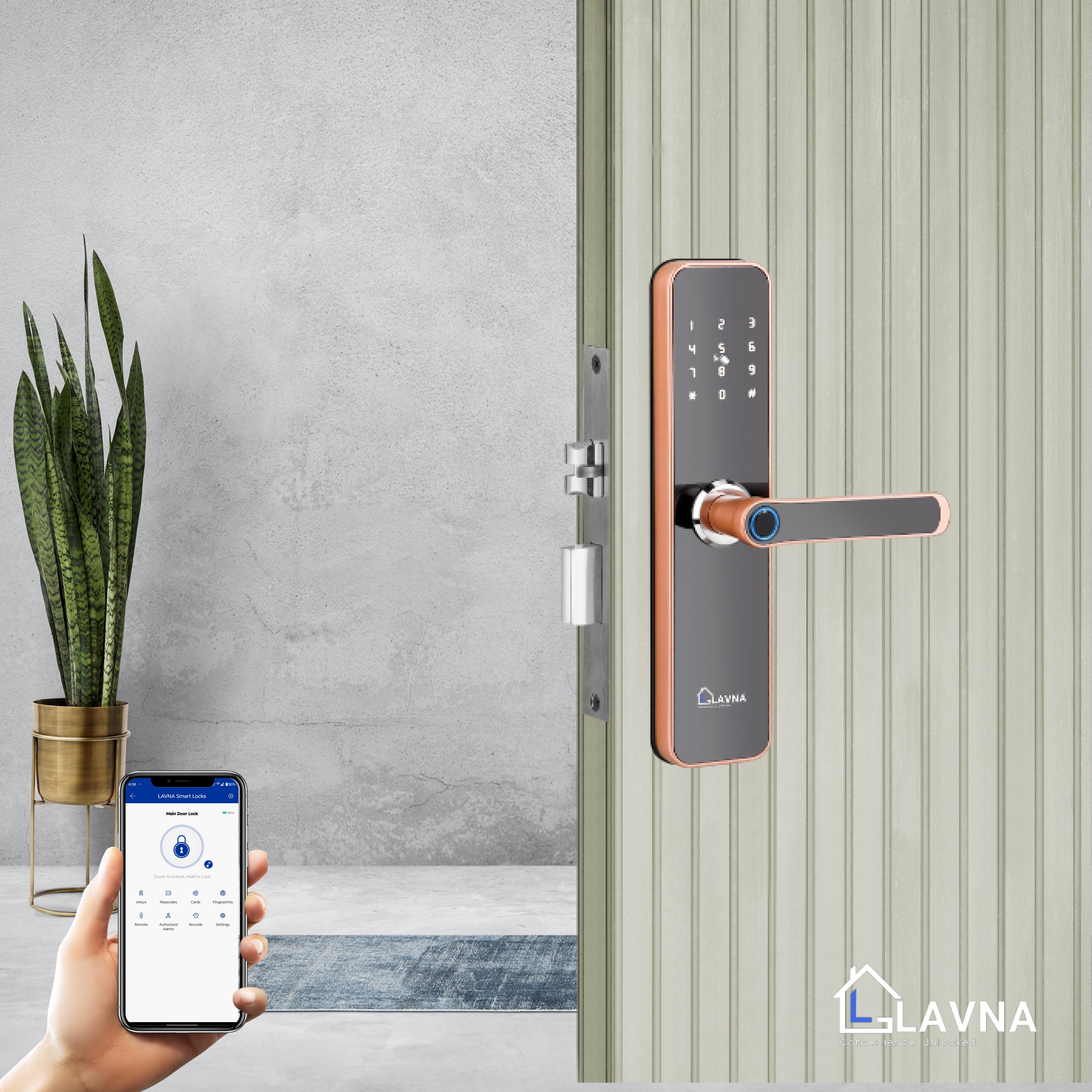 LAVNA LA28 Fingerprint Door Lock with Bluetooth Mobile App, Fingerprint, OTP, PIN, RFID Card and Manual Key 6 way Access for Wooden Doors