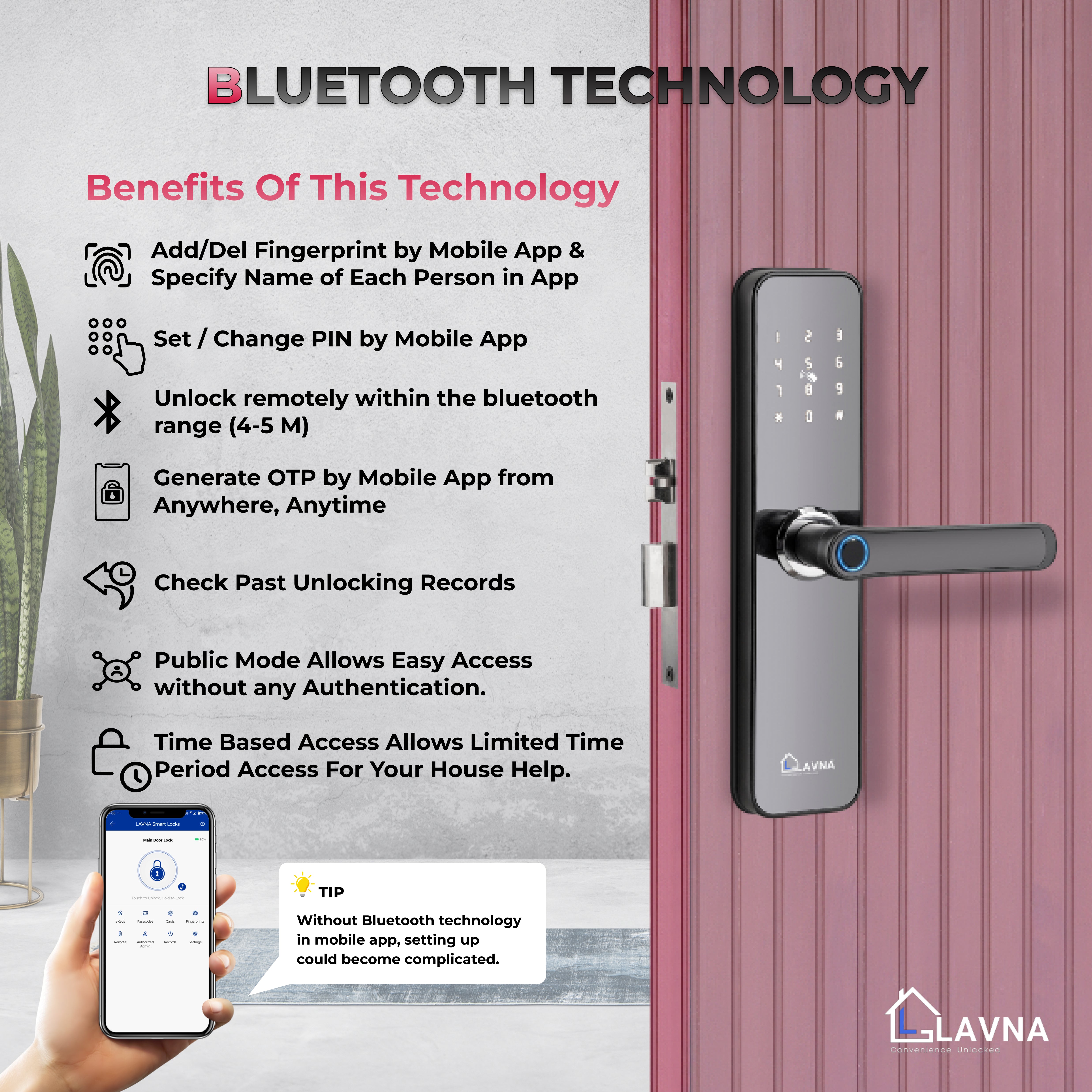 LAVNA LA28 Fingerprint Door Lock with Bluetooth Mobile App, Fingerprint, OTP, PIN, RFID Card and Manual Key 6 way Access for Wooden Doors