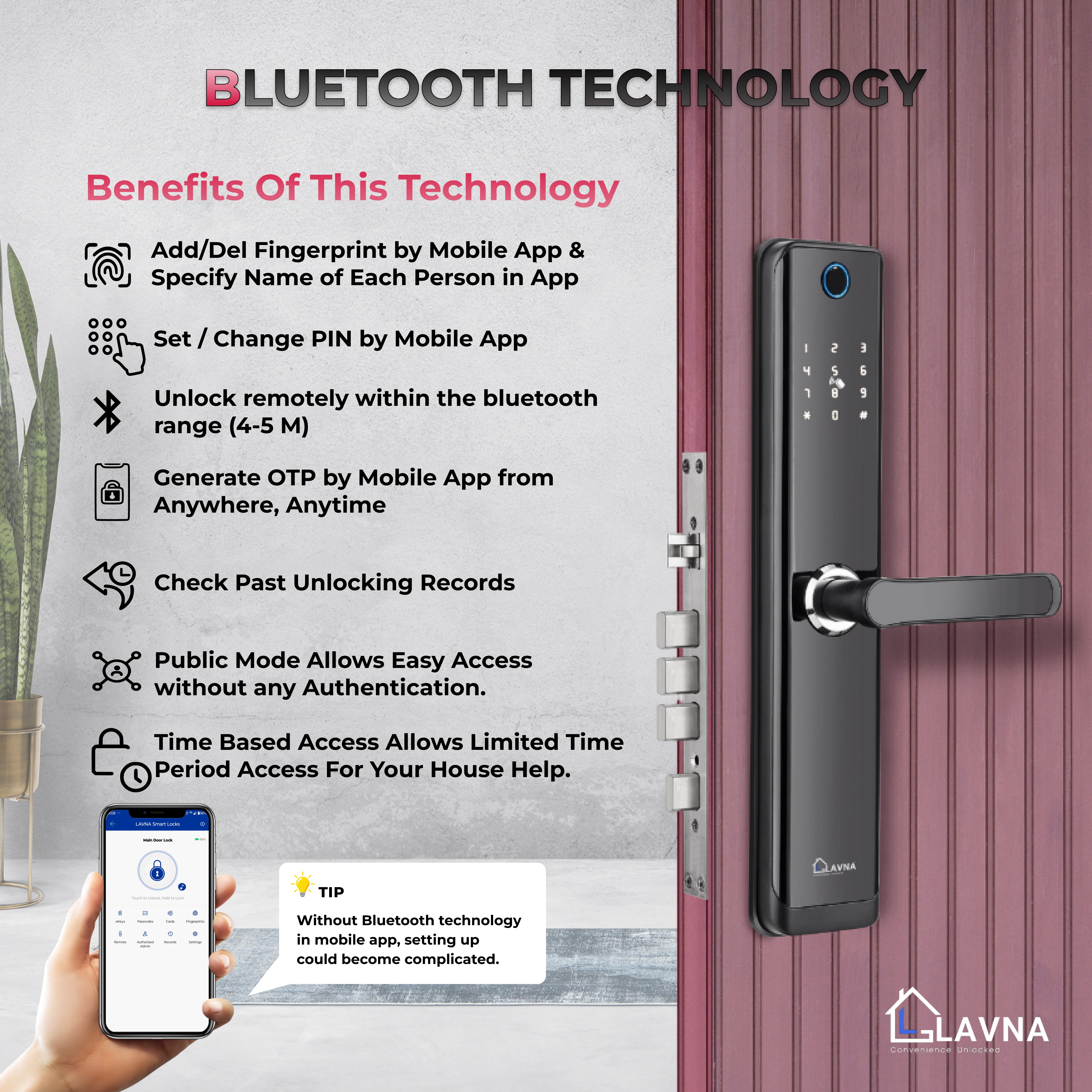 LAVNA LA24 Smart Door Lock with Bluetooth Mobile App, Fingerprint, OTP, PIN, RFID Card & Manual Key 6 way Access for Wooden Doors