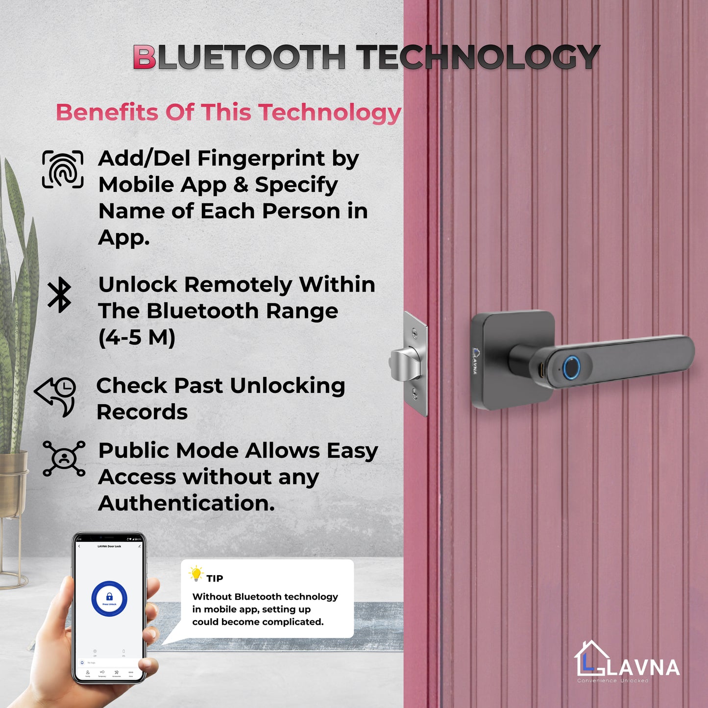 LAVNA LA15 Fingerprint Handle Door Lock with Fingerprint, and Manual Key Access for Wooden Doors