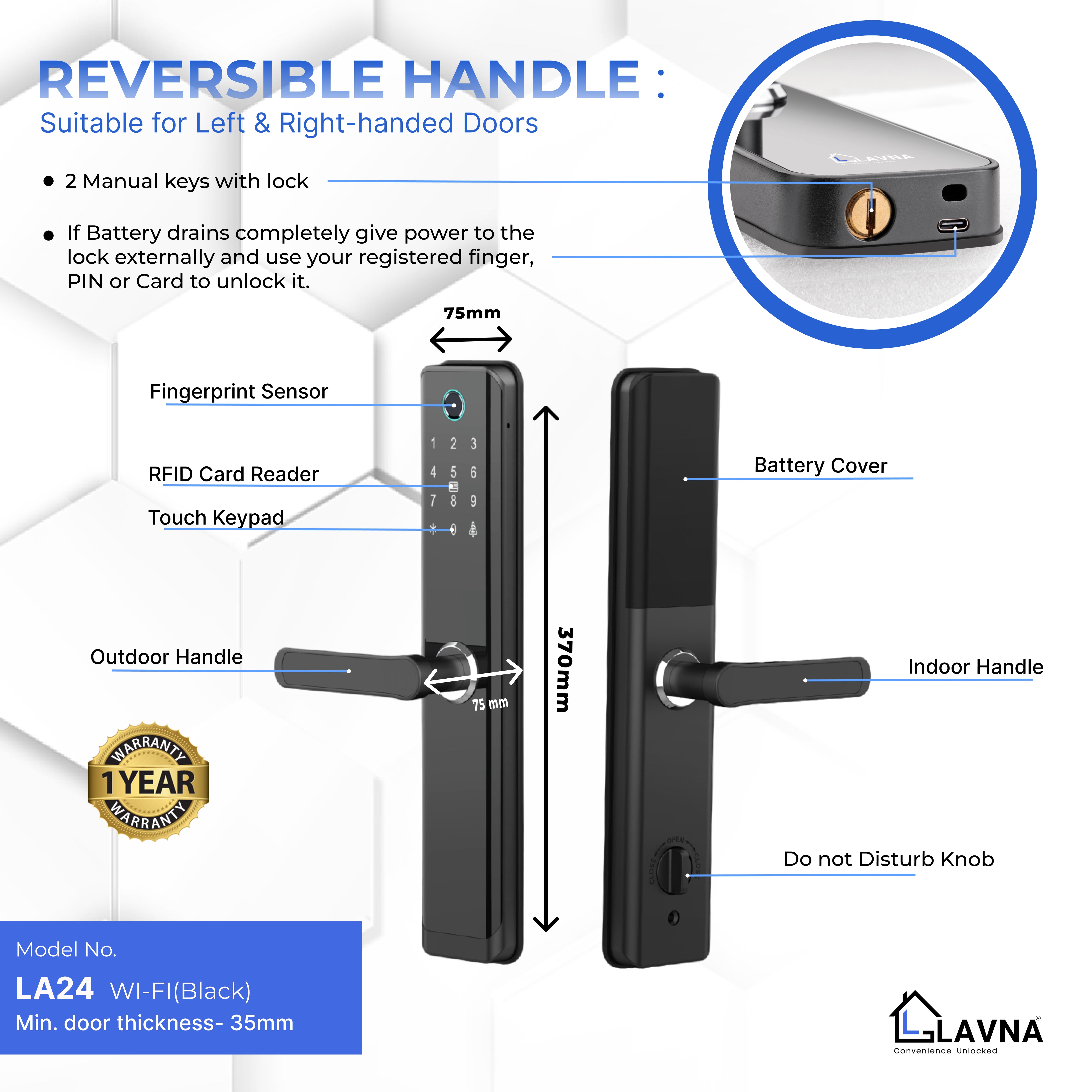 LAVNA LA24 WiFi Door lock with Wi-Fi, Mobile App, Fingerprint, OTP, PIN, RFID Card & Manual Key 7 way Access for Wooden Doors