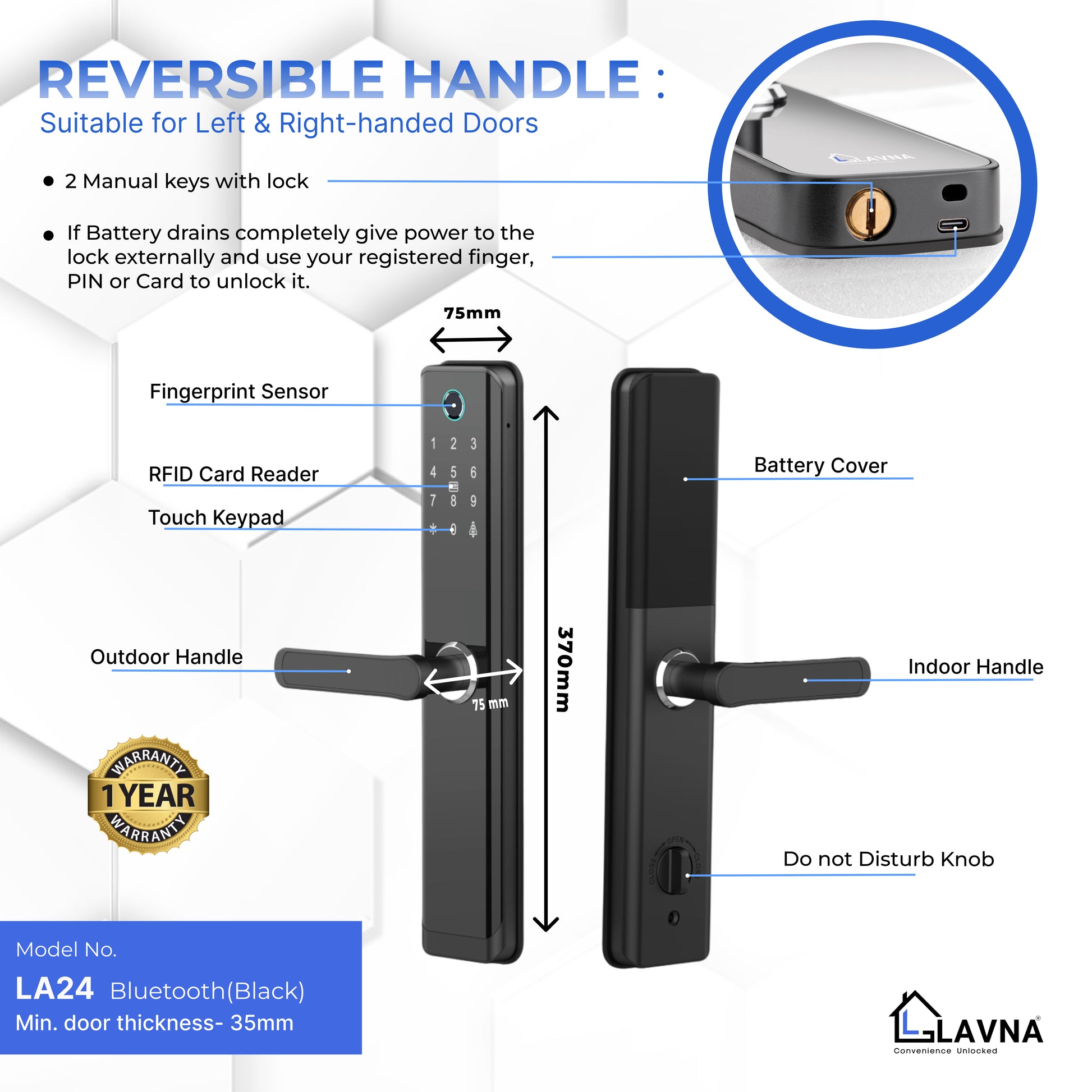 LAVNA LA24 Best Smart Digital Door Lock for home and office Reversible Handle