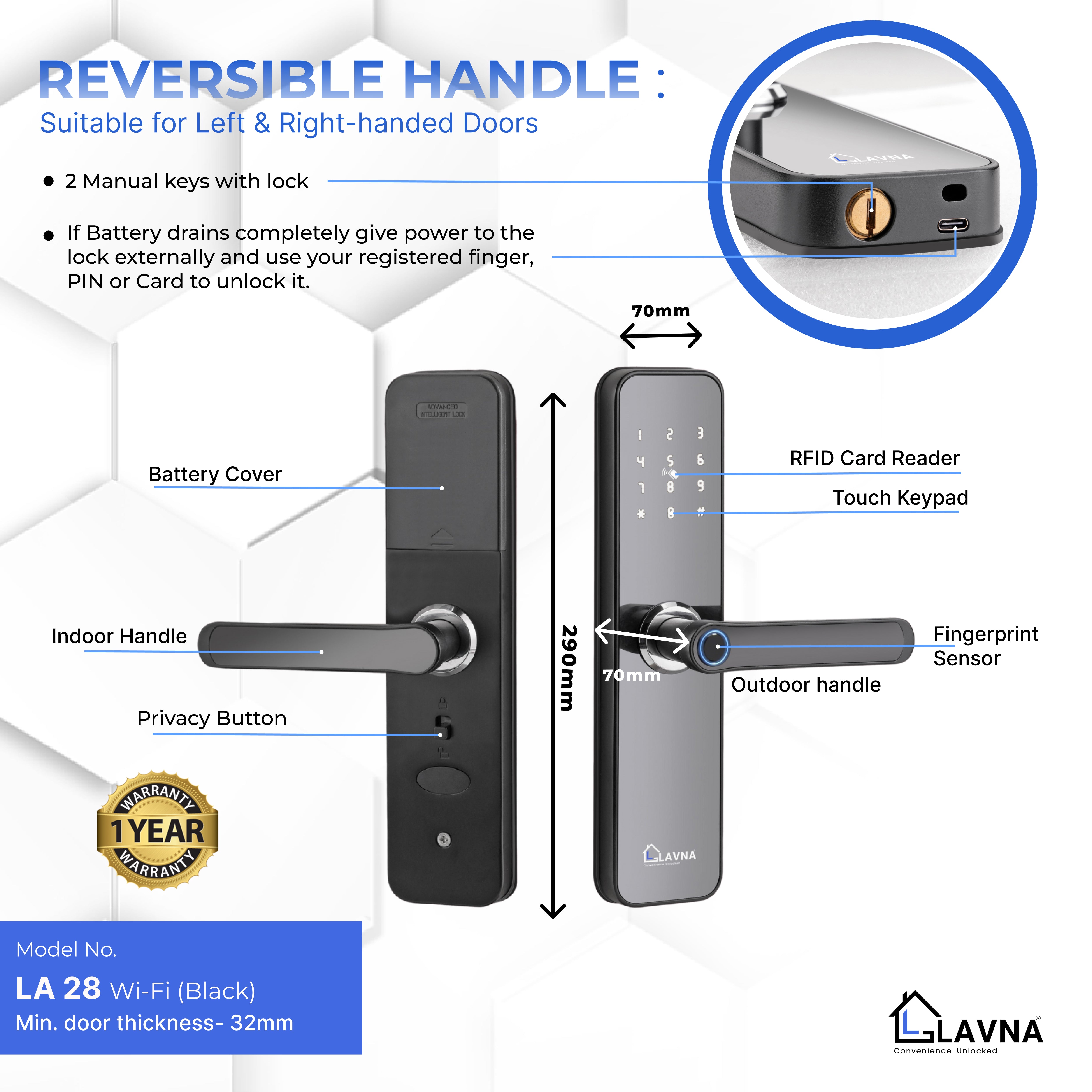 LAVNA LA28 Smart Door Lock with Wi-fi Mobile App, Fingerprint, OTP, PIN, RFID Card & Manual Key 7 way Access for Wooden Doors