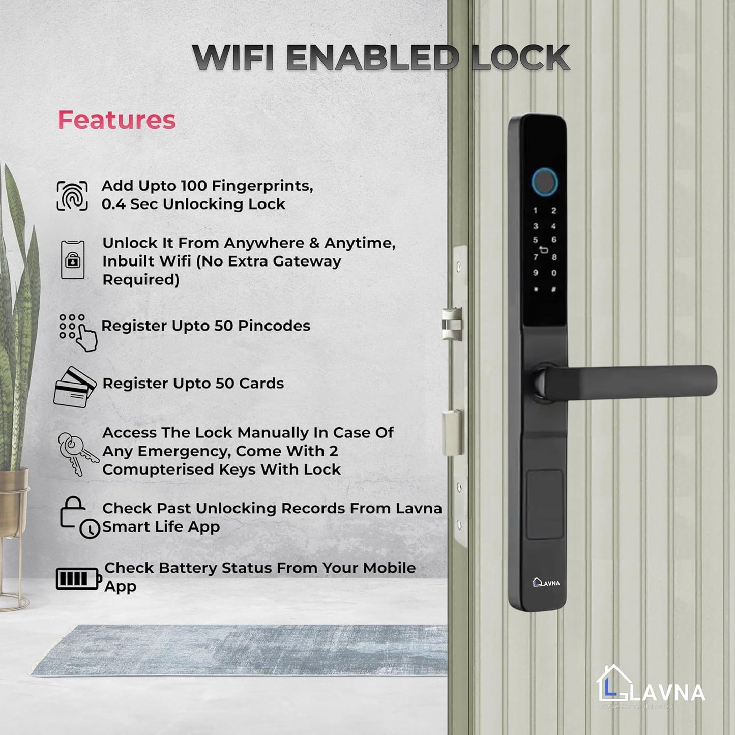 LAVNA Digital Door Lock with Fingerprint, Mobile app, PIN, Card and Manul Key Access for UPVC, Aluminium and Wooden Doors (Slim, Black)LA20