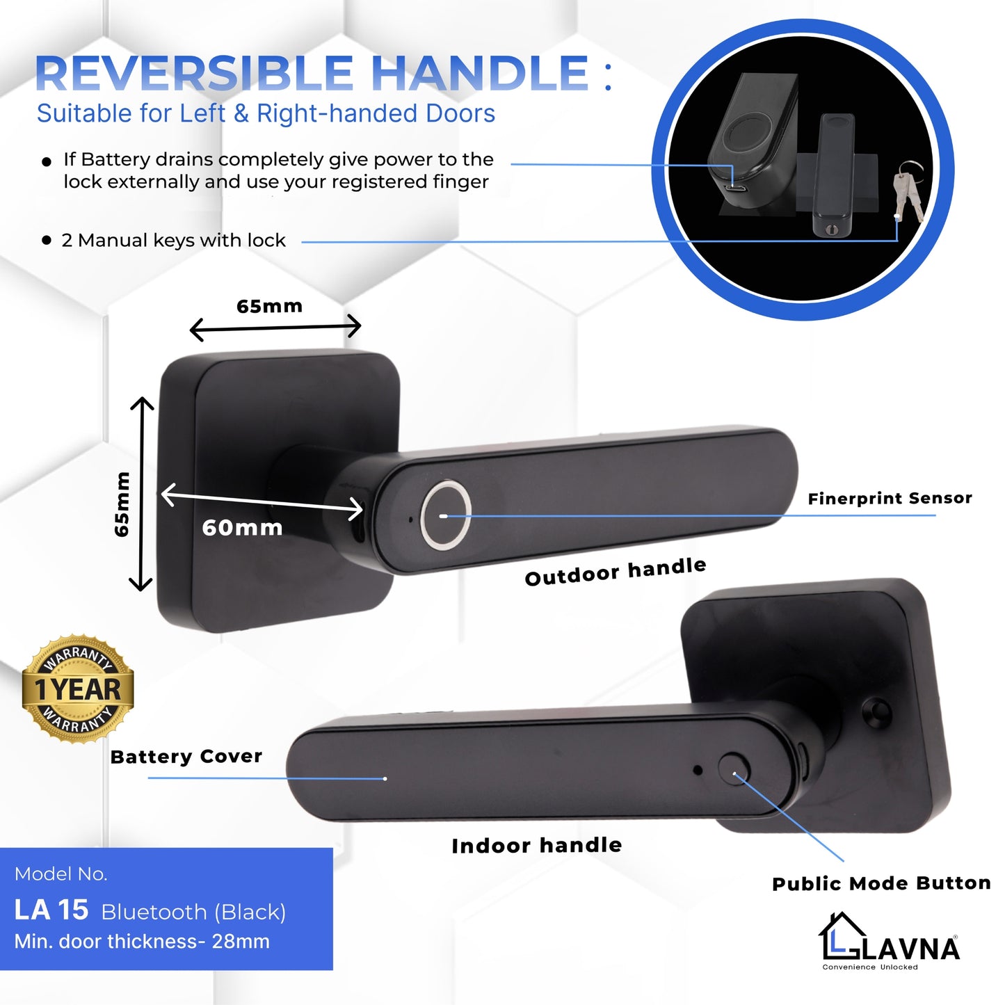 LAVNA LA15 Smart Digital Door Lock with Fingerprint, Mobile App and Manual Key Access