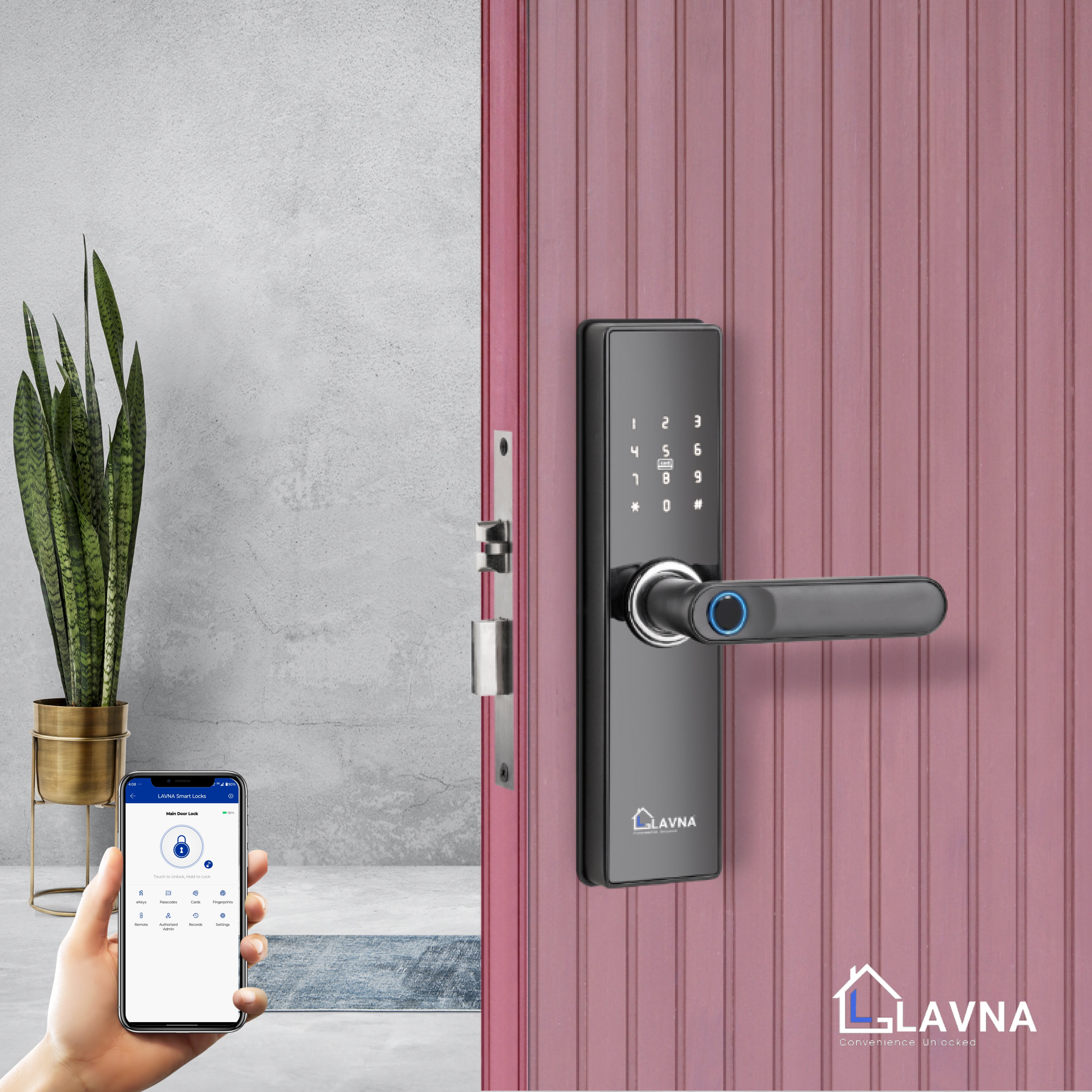 LAVNA LA16 Fingerprint Door Lock with Bluetooth Mobile App, Fingerprint, OTP, PIN, RFID Card and Manual Key 6 way Access for Wooden Doors