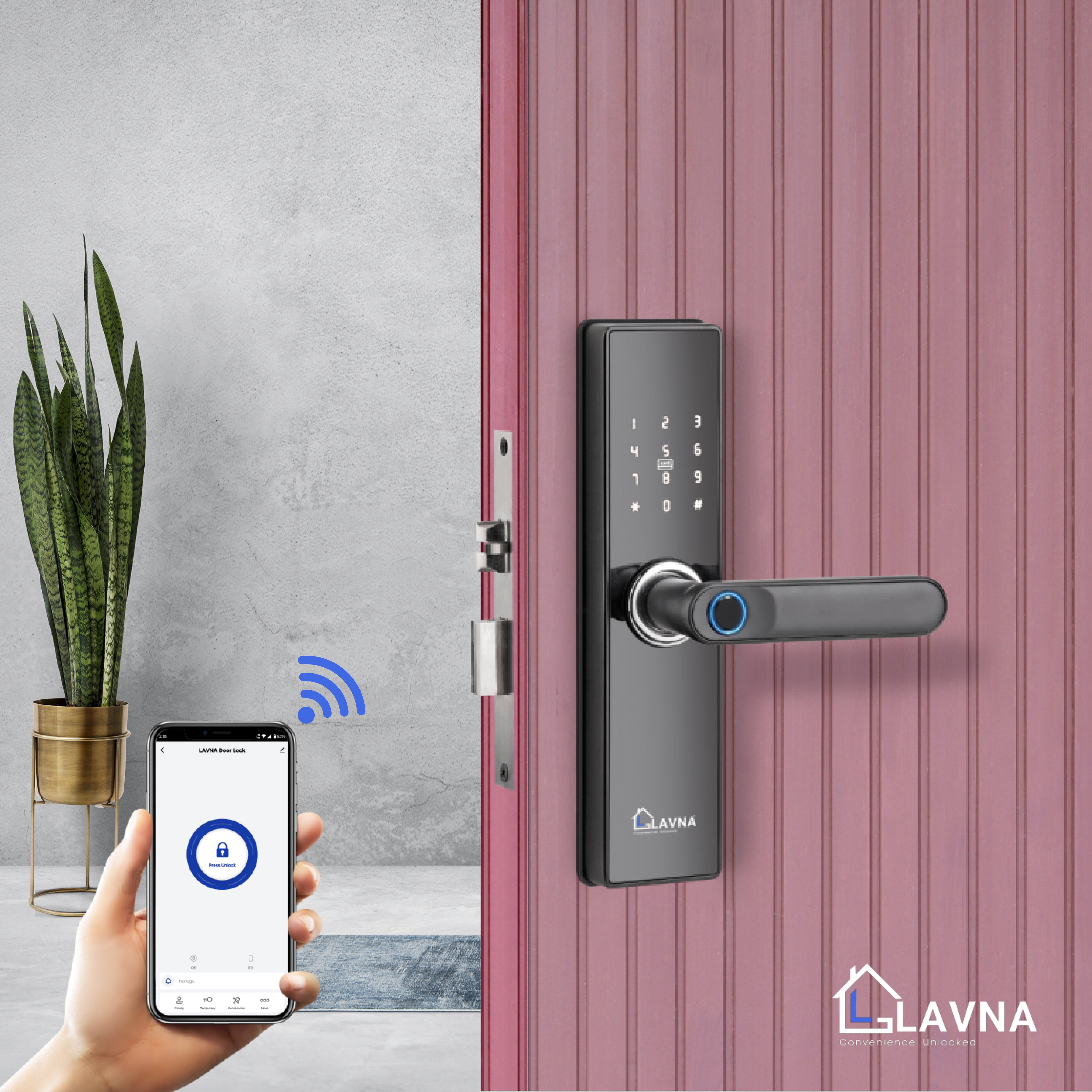 LAVNA LA16 Fingerprint Door Lock with Wi-fi Mobile App, Fingerprint, OTP, PIN, RFID Card & Manual Key 7 way Access for Wooden Doors