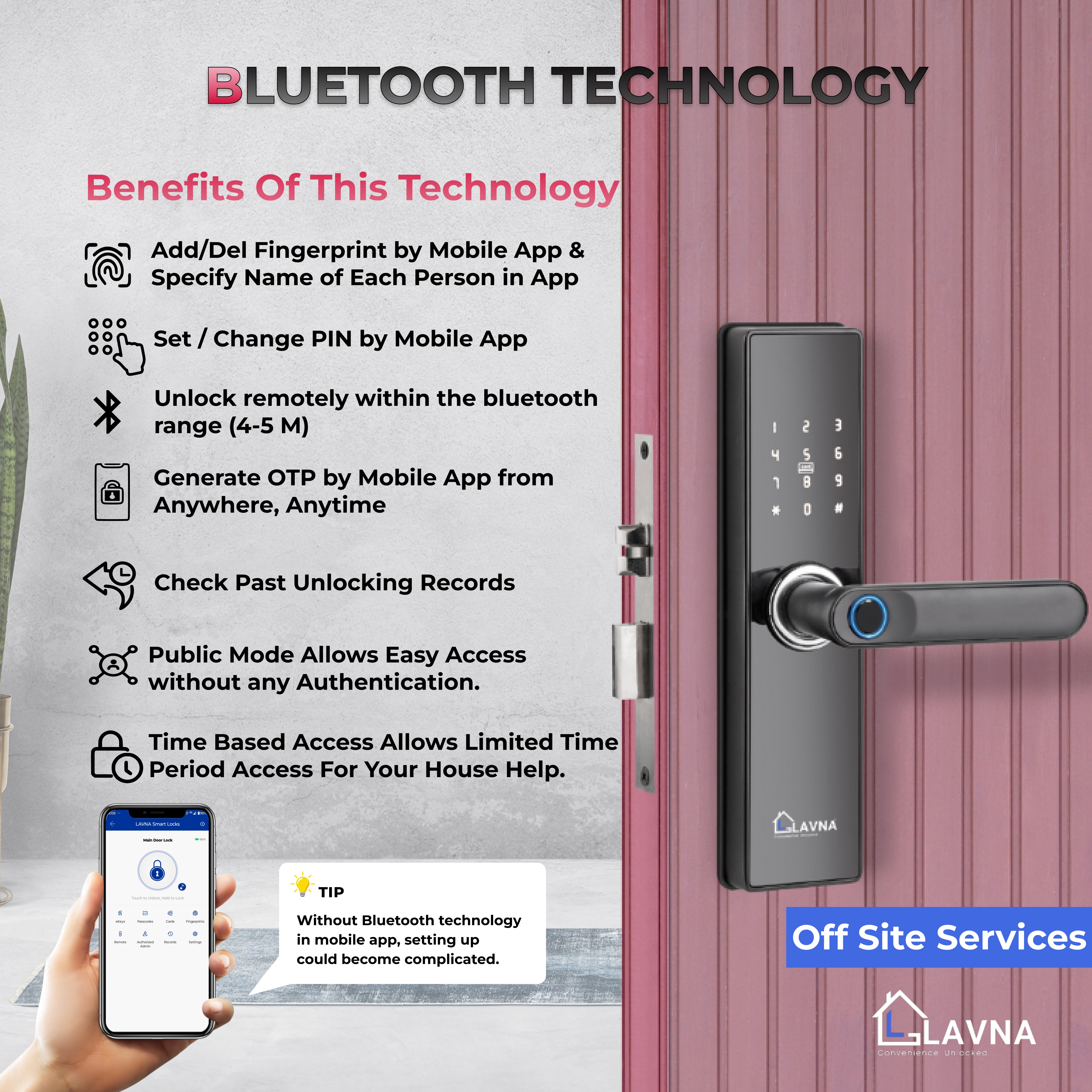 LAVNA LA16 Fingerprint Door Lock with Bluetooth Mobile App, Fingerprint, OTP, PIN, RFID Card and Manual Key 6 way Access for Wooden Doors