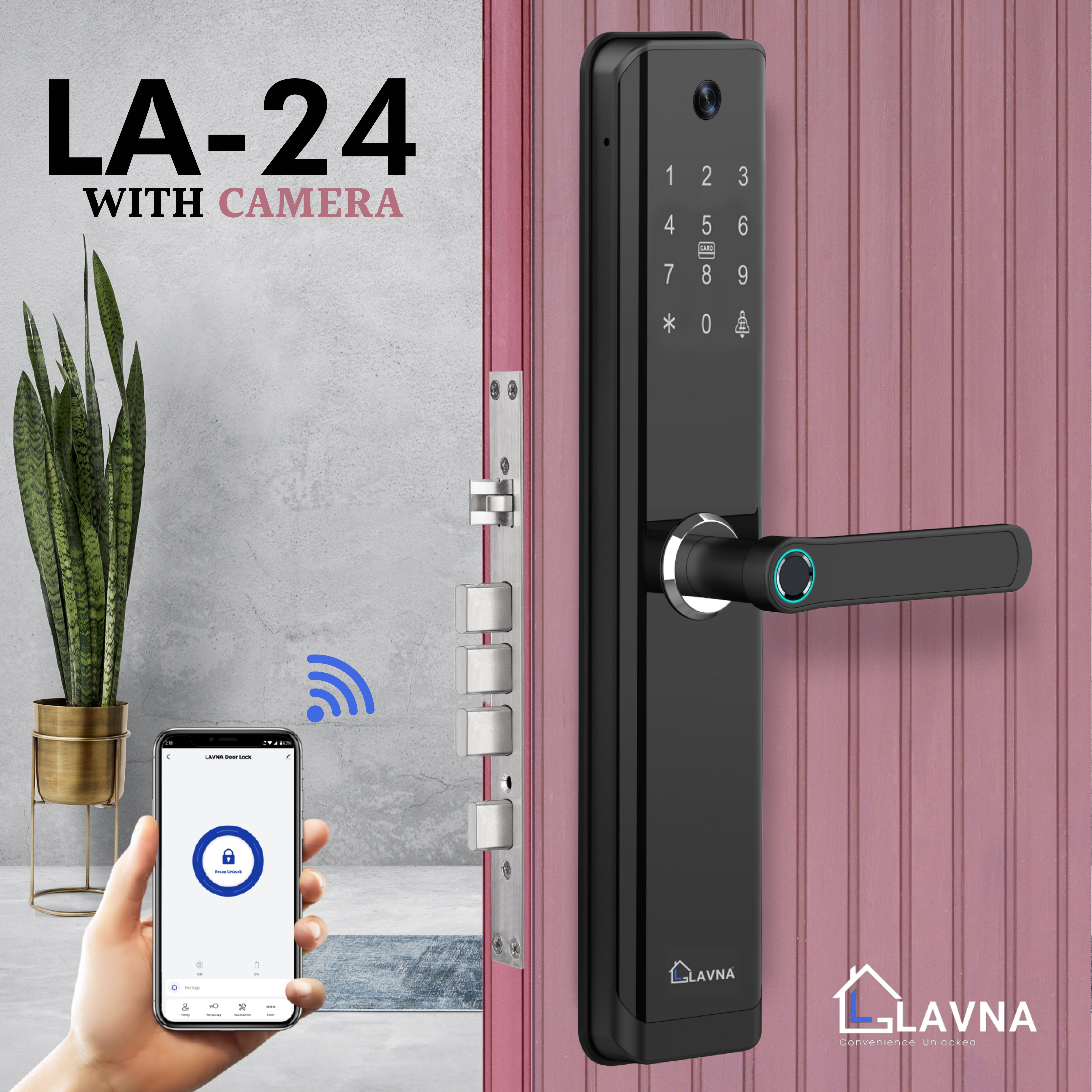 LAVNA Smart Digital Camera Door Lock with Fingerprint, WiFi, Mobile App, OTP, PIN, RFID Card and Manual Key Access for Wooden Doors (LA24 with Camera)
