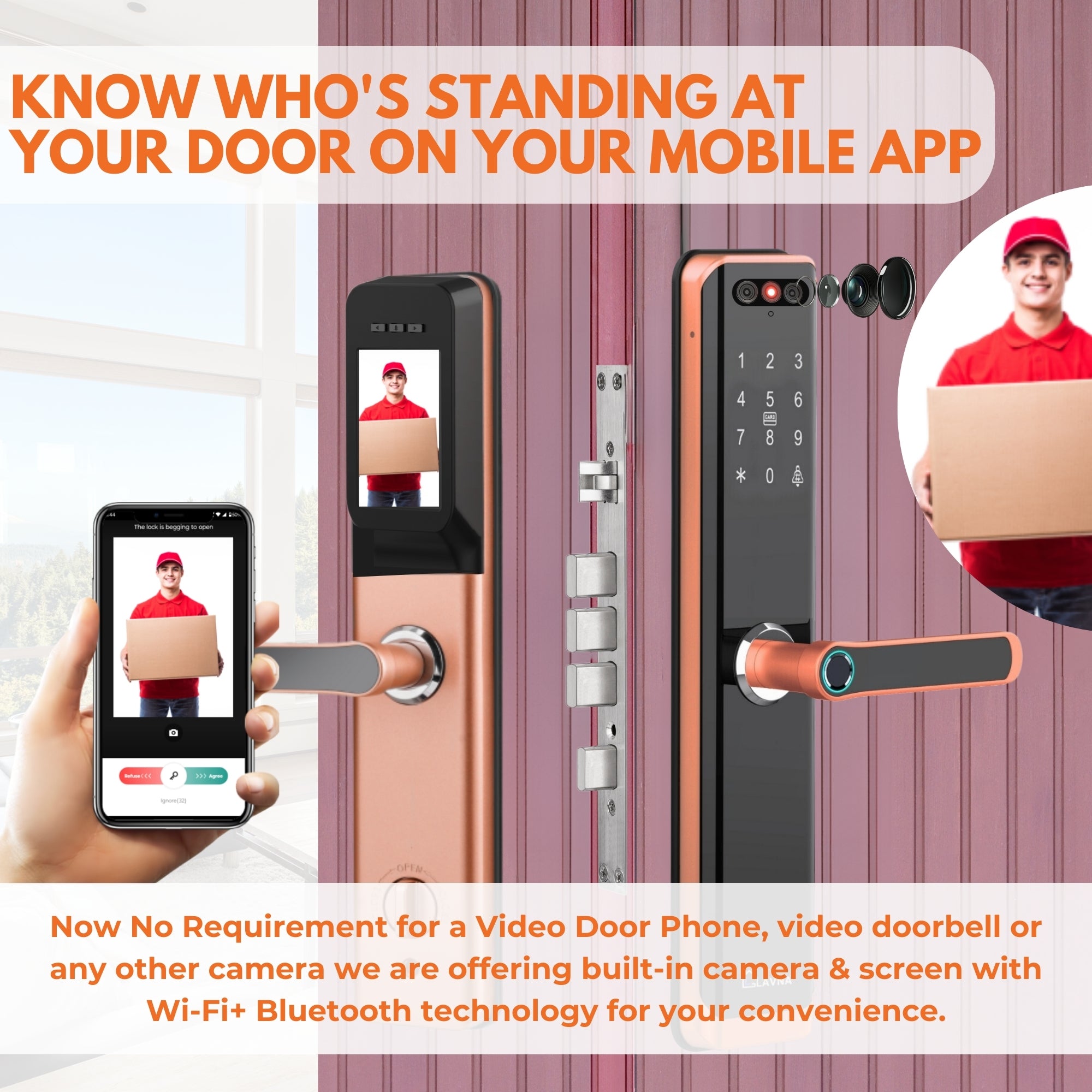 LAVNA LA24 Smart Door Lock | 8 Way Unlock | Face Id, Fingerprint, Mobile App, WiFi + Bluetooth, OTP, PIN, RFID Card and Manual Key | Built-in Camera n Screen | 5 Bolts | fit with Wooden Doors