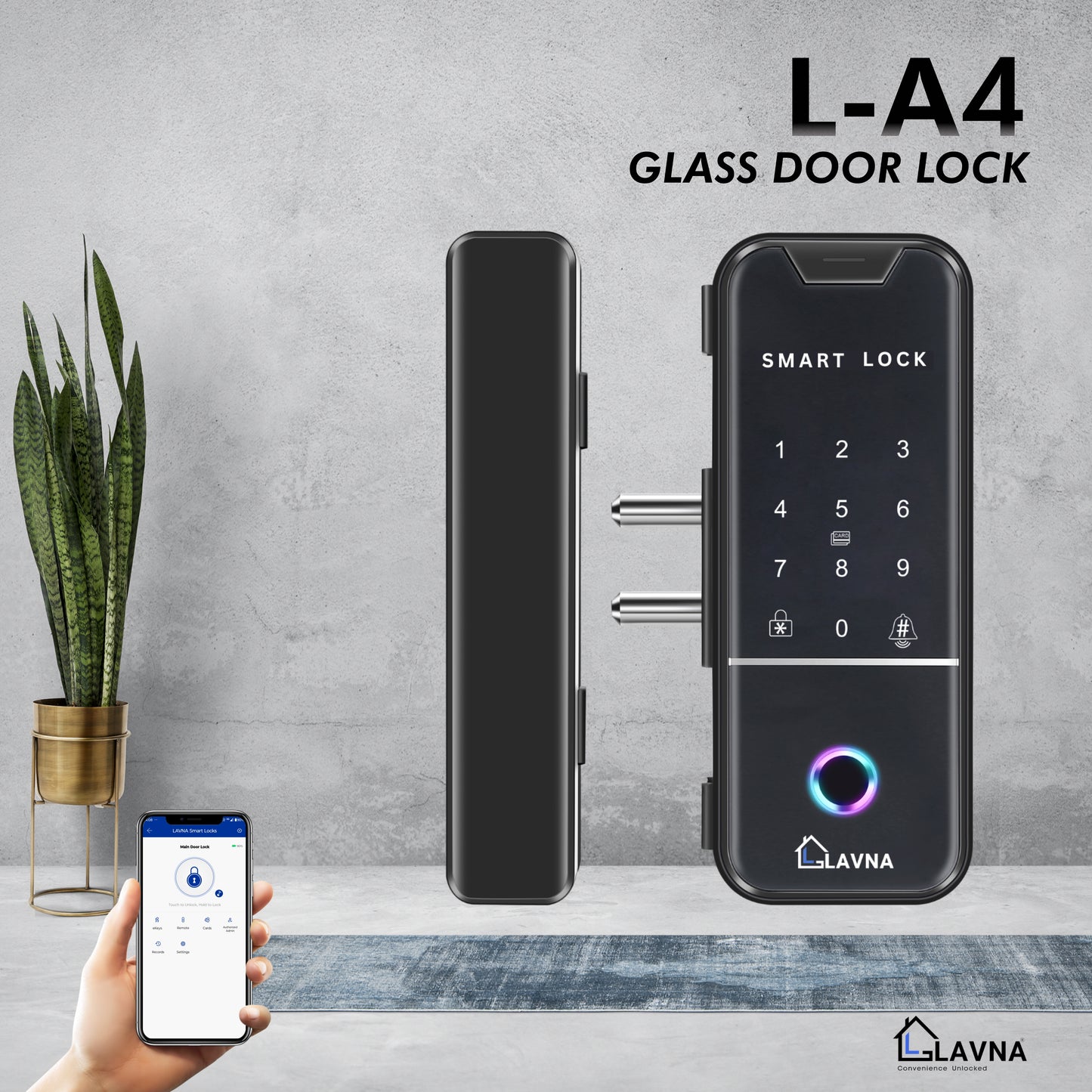 LAVNA LA4 Glass Door Lock with 6 Way of Access Fingerprint, Mobile App, Remote, OTP, PIN &amp; RFID Card for 10-12 mm Glass Doors only (LA-4 Bluetooth)