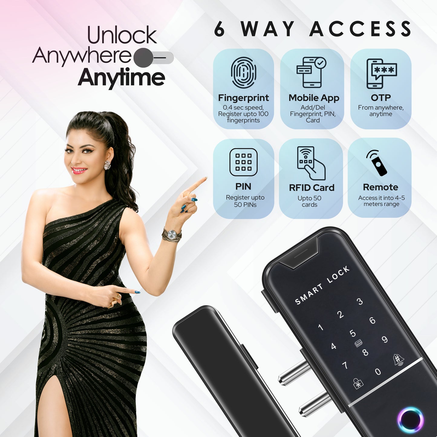 LAVNA LA4 Glass Door Lock with 6 Way of Access Fingerprint, Mobile App, Remote, OTP, PIN &amp; RFID Card for 10-12 mm Glass Doors only (LA-4 Bluetooth)