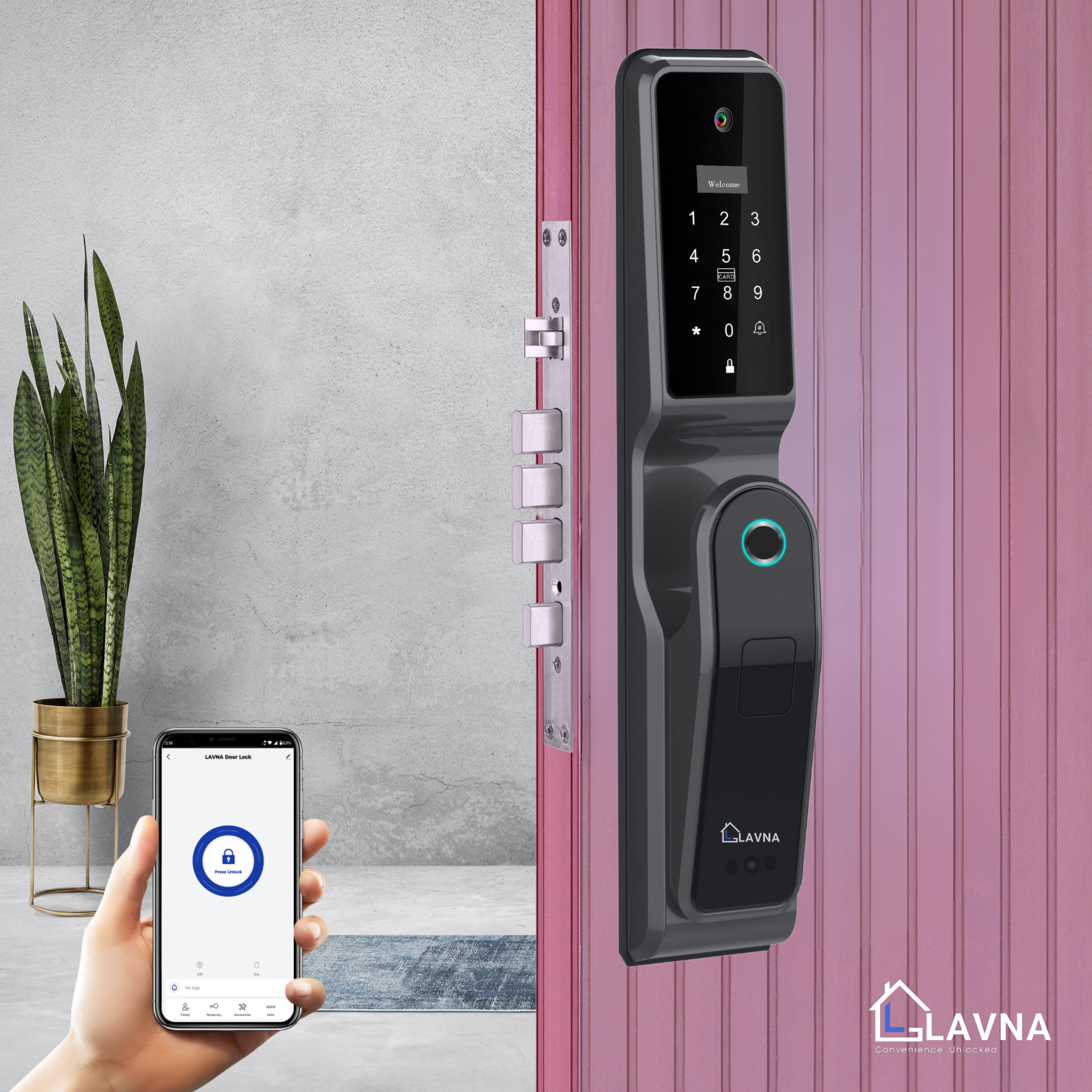 LAVNA Smart Automatic Camera Door Lock with Fingerprint, WiFi, Mobile App, OTP, PIN, RFID Card and Manual Key Access for Wooden Doors (LA44 with Camera)