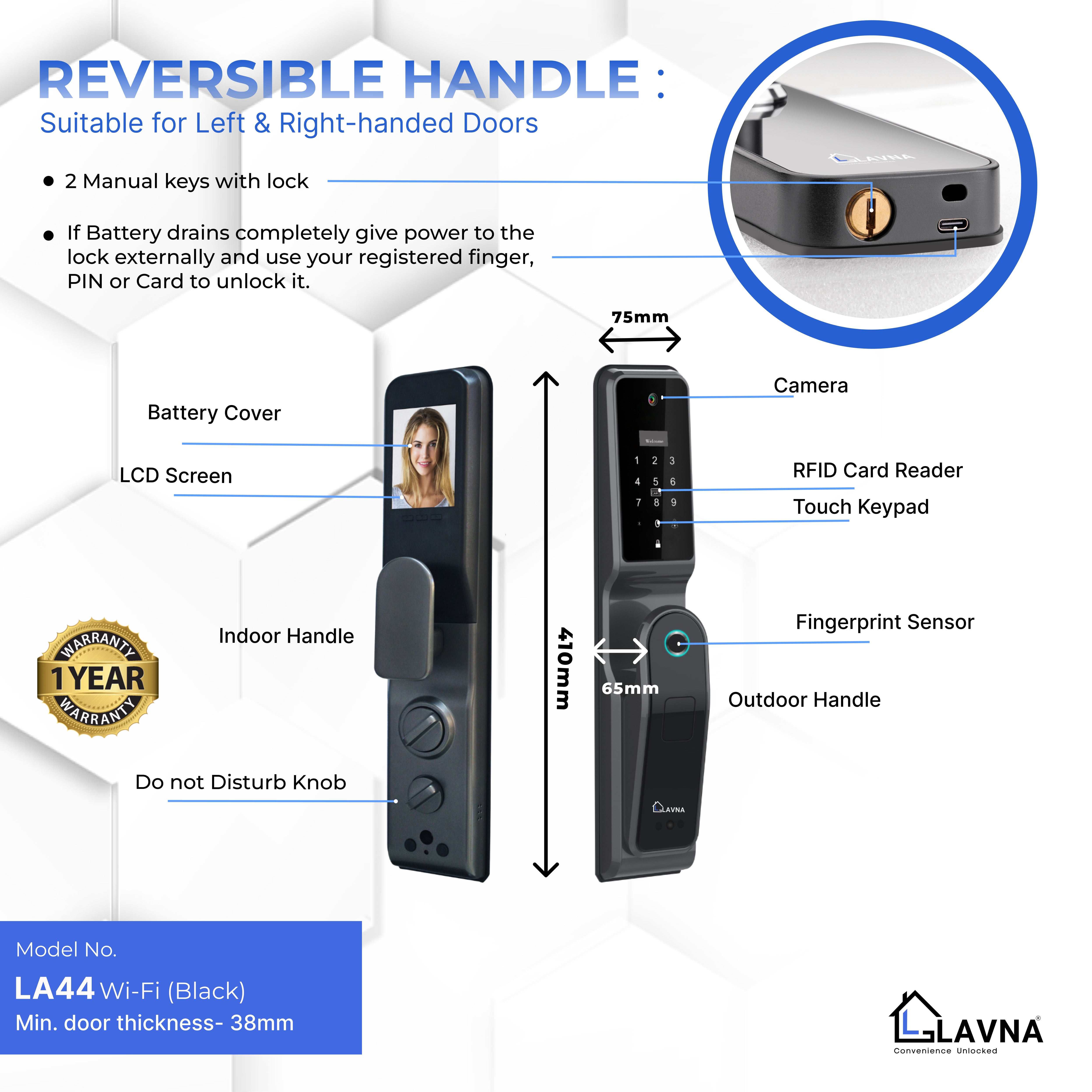 LAVNA Smart Automatic Camera Door Lock with Fingerprint, WiFi, Mobile App, OTP, PIN, RFID Card and Manual Key Access for Wooden Doors (LA44 with Camera)