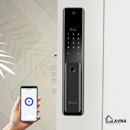 LAVNA Smart Door Lock with Fingerprint | Camera | WiFi | Mobile App | PIN | RFID Card | Manual Key Access for Wooden Doors (LA48, Black)