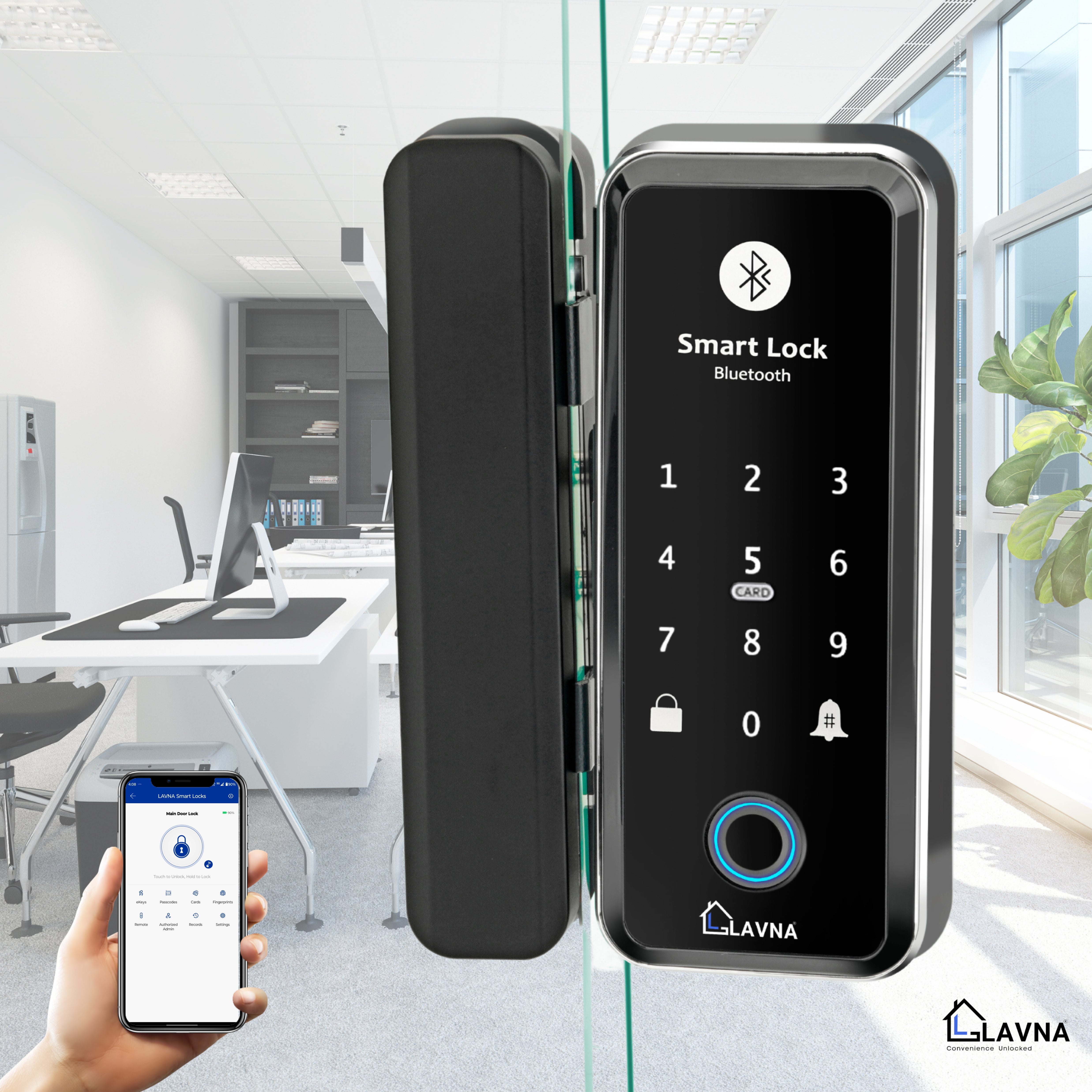LAVNA LA5 Glass Door Lock with 6 Way Access Fingerprint, Mobile App, Remote, OTP, PIN & RFID Card for (10-12 mm Glass Doors only)