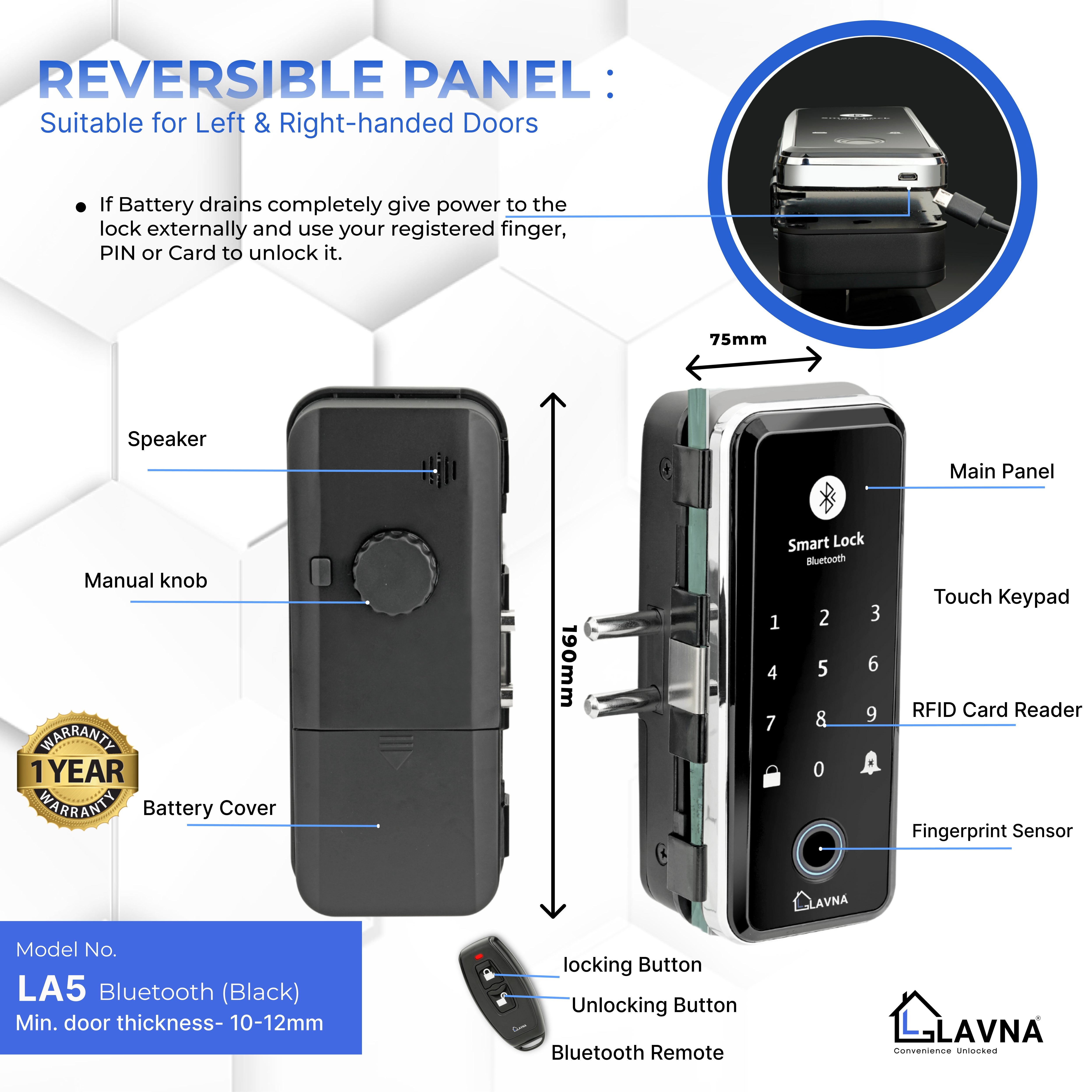 LAVNA LA5 Glass Door Lock with 6 Way Access Fingerprint, Mobile App, Remote, OTP, PIN & RFID Card for (10-12 mm Glass Doors only)