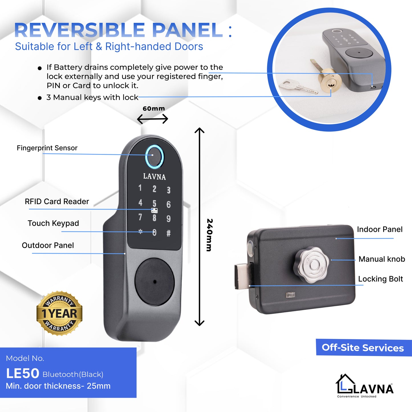 Lavna L-E50 Smart Digital Door Lock for Metal Doors with fingerprint, PIN, RFID card, OTP unlocking, Bluetooth unlocking, and Manual Key.