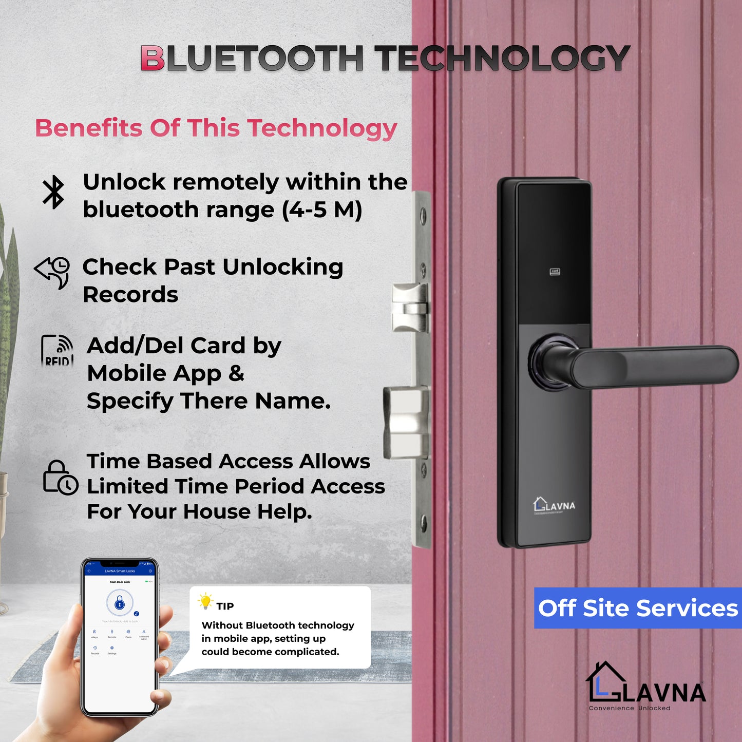LAVNA Hotel Door lock with RFID Card & Manual Key Access for Hotel | Resort | PG room doors. - LH300 Black