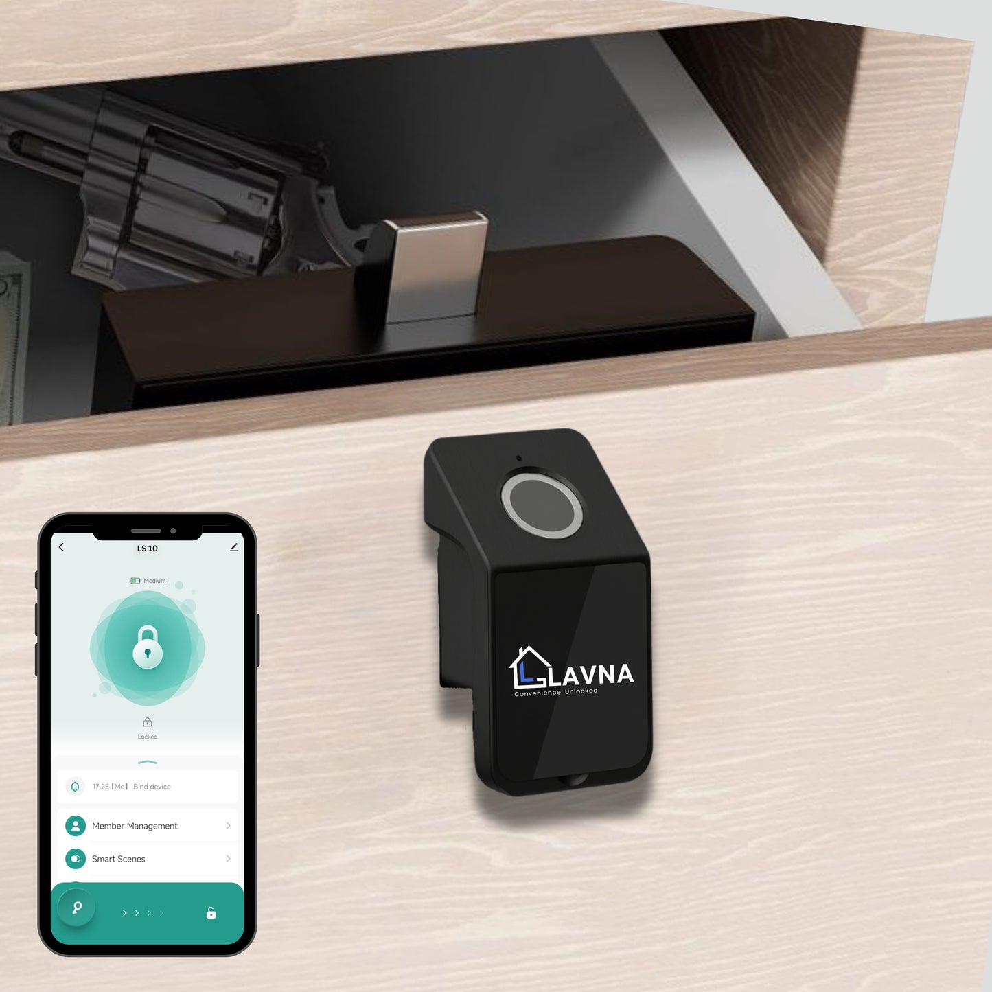LAVNA Digital Cabinet Lock | 3 Way Access | Fingerprint, Mobile App, Key Access Suitable for Drawer, cabinets, wardrobe | Fully Metal Built up Lock (Black)