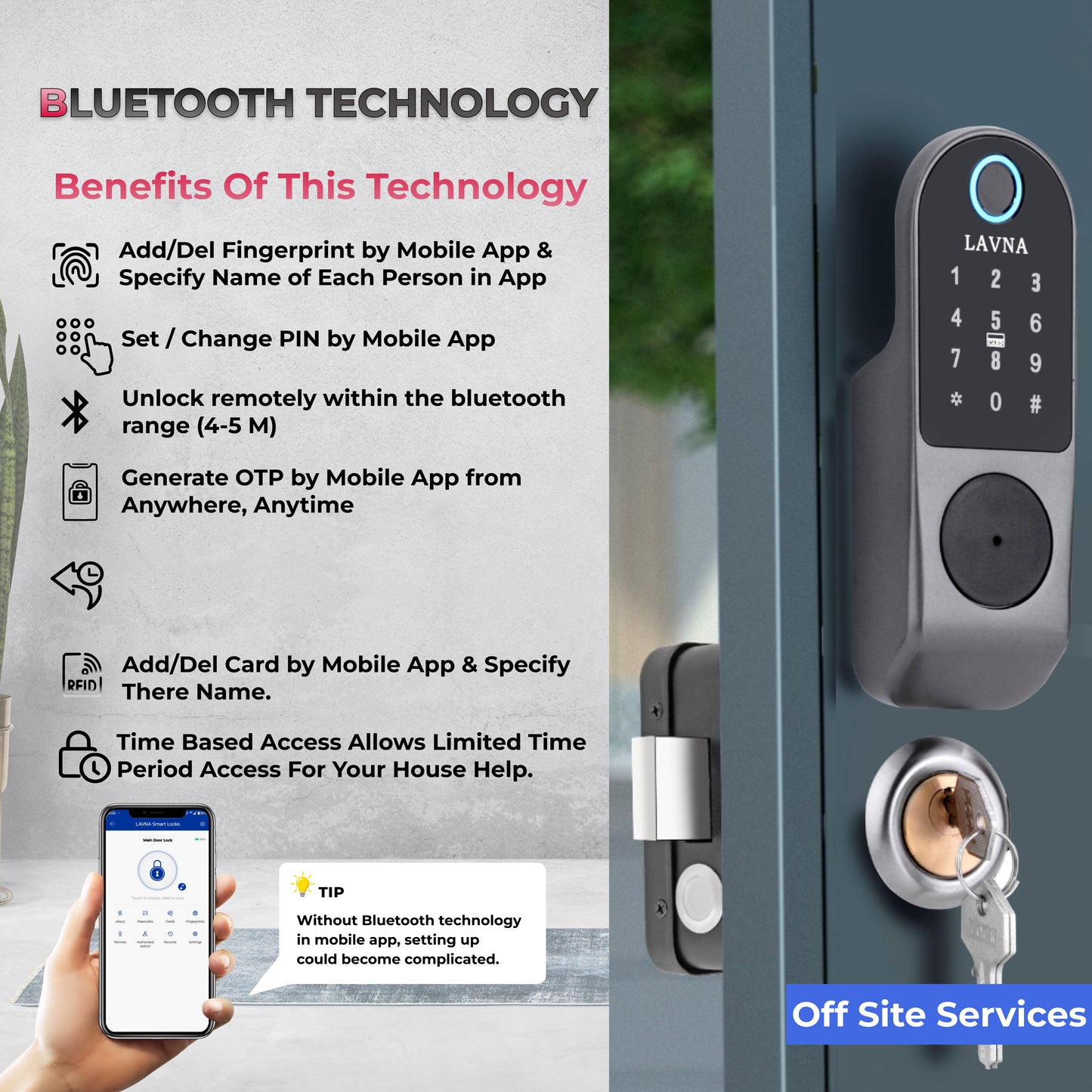 Lavna L-E50 Smart Digital Door Lock for Metal Doors with fingerprint, PIN, RFID card, OTP unlocking, Bluetooth unlocking, and Manual Key.