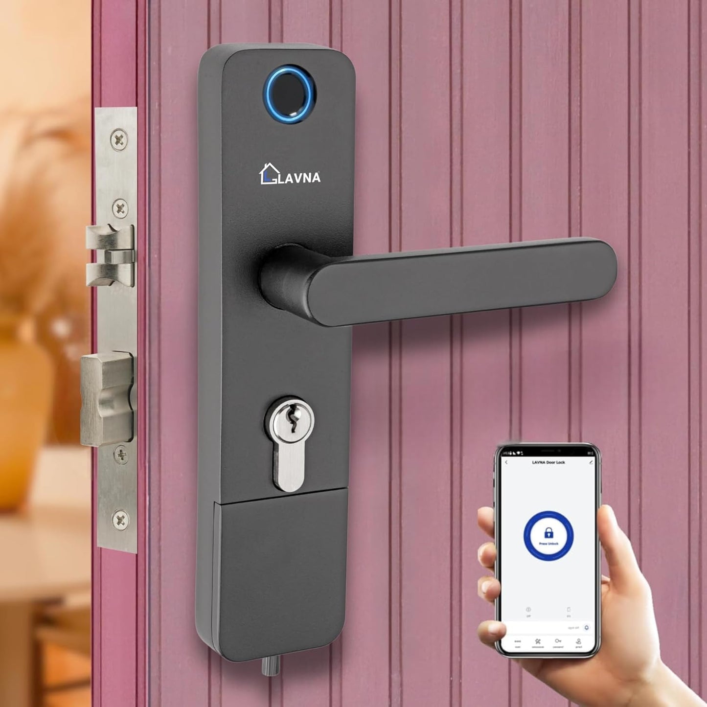 LAVNA Digital Door Lock | 3 Way Access | Fingerprint, Mobile app, Key Access | 2 Locking Bolts | Suitable for 30 mm to 55mm Wooden Door fit with Right N Left Door Side (LA14 Smart)