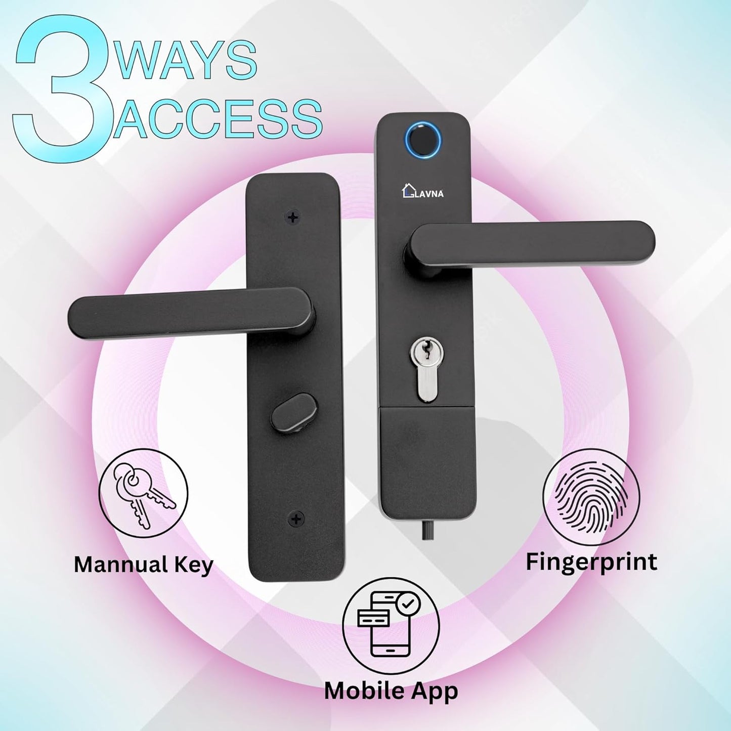 LAVNA Digital Door Lock | 3 Way Access | Fingerprint, Mobile app, Key Access | 2 Locking Bolts | Suitable for 30 mm to 55mm Wooden Door fit with Right N Left Door Side (LA14 Smart)