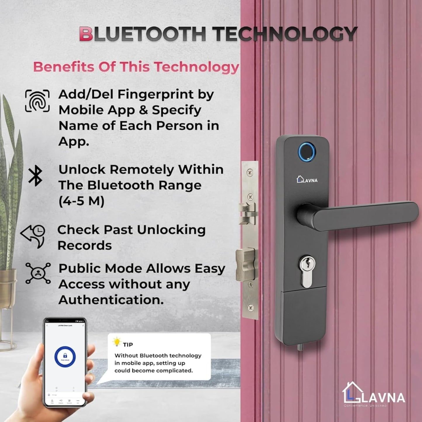 LAVNA Digital Door Lock | 3 Way Access | Fingerprint, Mobile app, Key Access | 2 Locking Bolts | Suitable for 30 mm to 55mm Wooden Door fit with Right N Left Door Side (LA14 Smart)