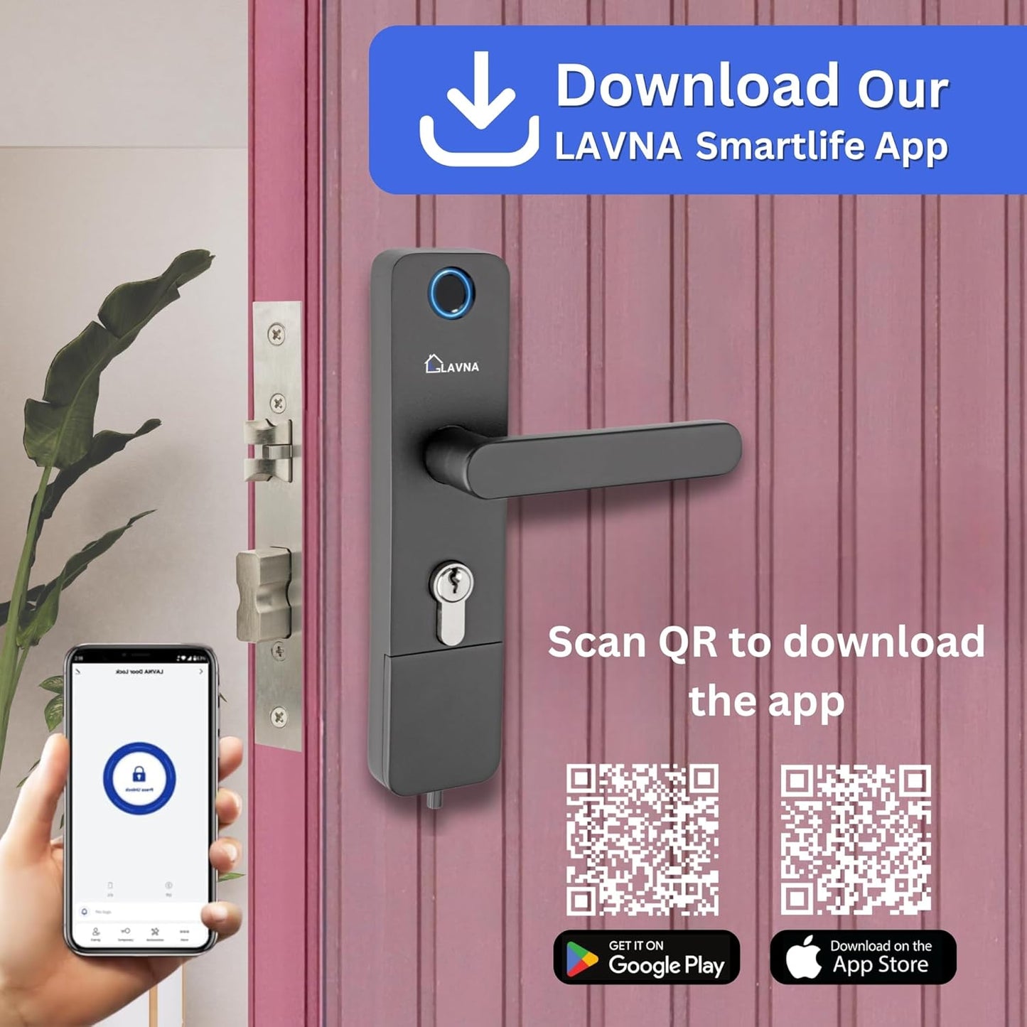 LAVNA Digital Door Lock | 3 Way Access | Fingerprint, Mobile app, Key Access | 2 Locking Bolts | Suitable for 30 mm to 55mm Wooden Door fit with Right N Left Door Side (LA14 Smart)