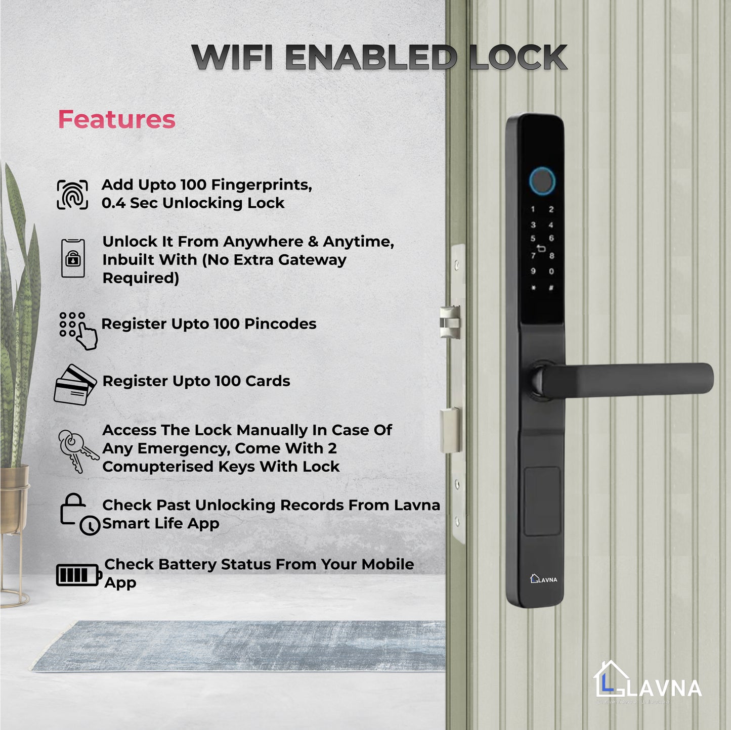 LAVNA Digital Door Lock with Fingerprint, Mobile app, PIN, Card and Manul Key Access for UPVC, Aluminium and Wooden Doors (Slim, Black)