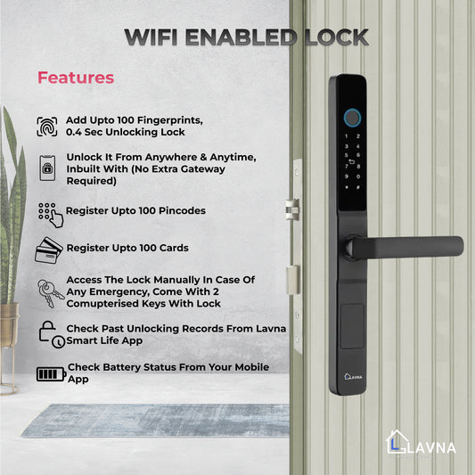 LAVNA Digital Door Lock with Fingerprint, Mobile app, PIN, Card and Manul Key Access for UPVC, Aluminium and Wooden Doors (Slim, Black)