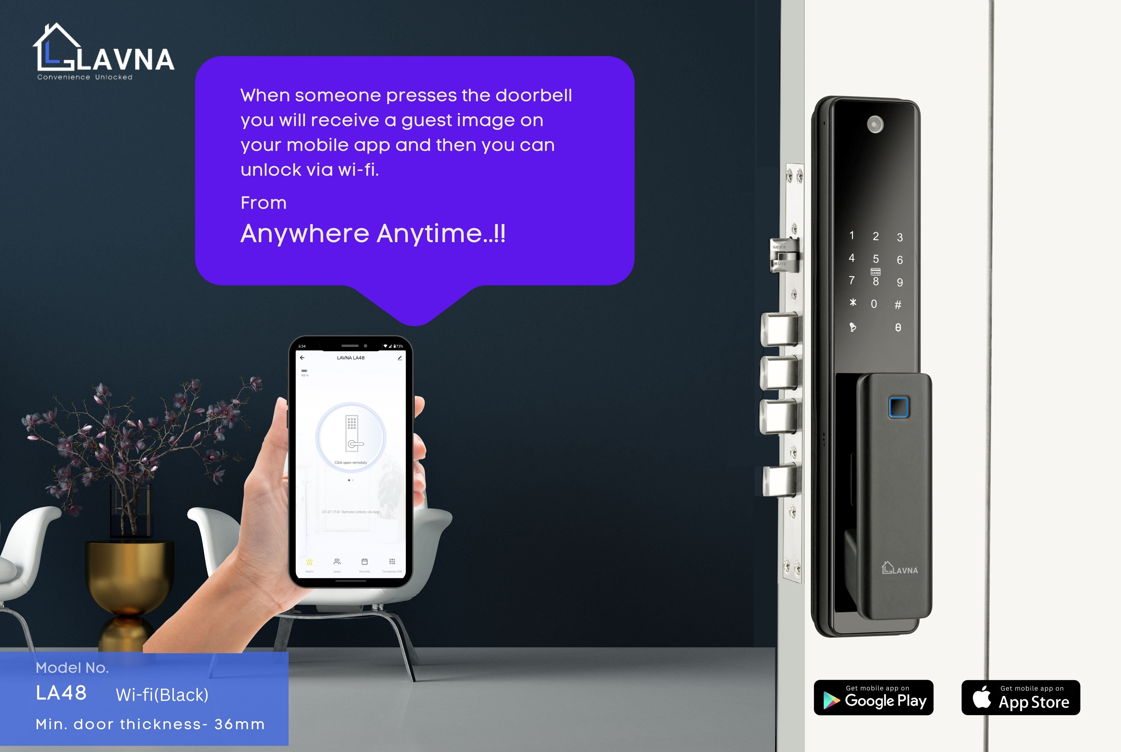 LAVNA Smart Door Lock with Fingerprint | Camera | WiFi | Mobile App | PIN | RFID Card | Manual Key Access for Wooden Doors (LA48, Black)