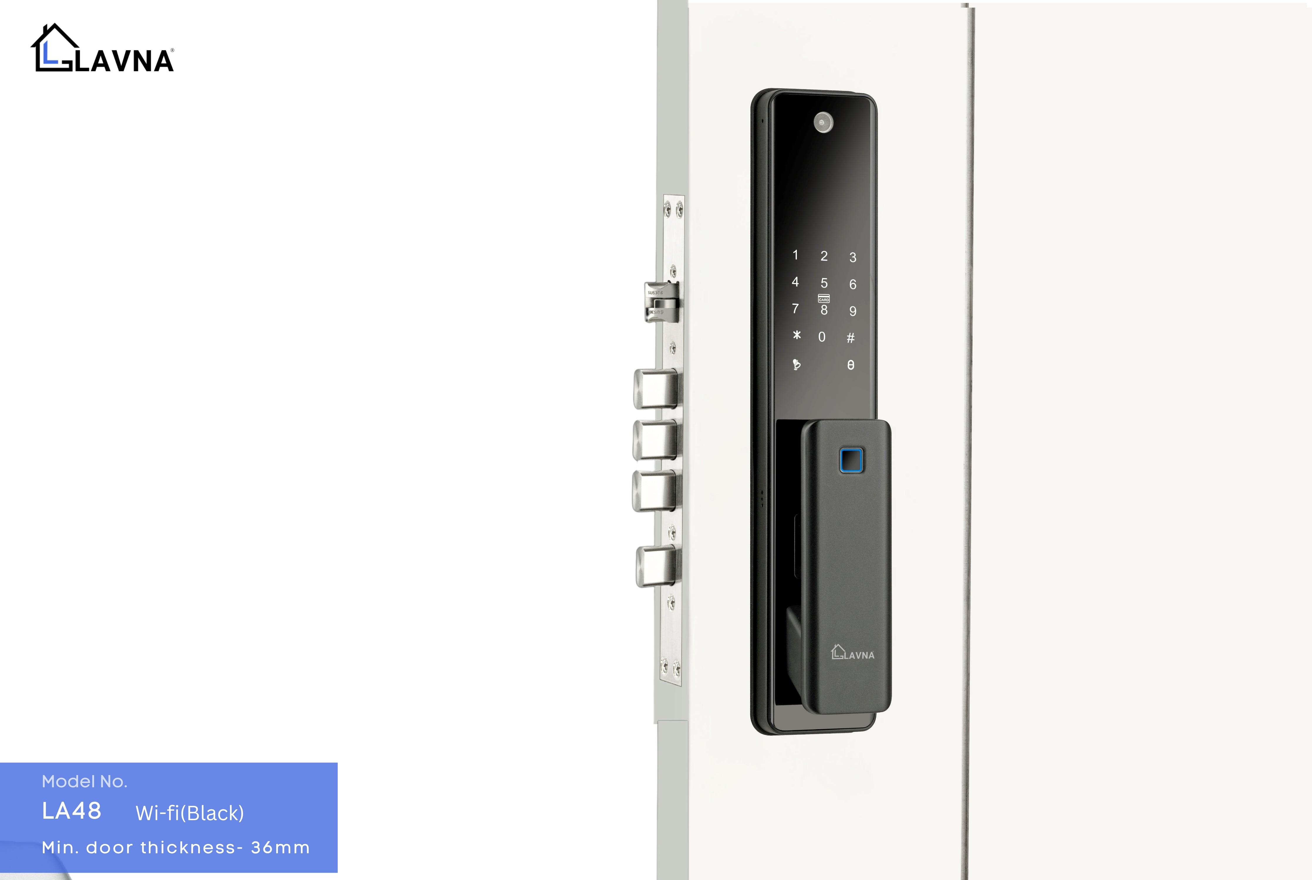 LAVNA Smart Door Lock with Fingerprint | Camera | WiFi | Mobile App | PIN | RFID Card | Manual Key Access for Wooden Doors (LA48, Black)